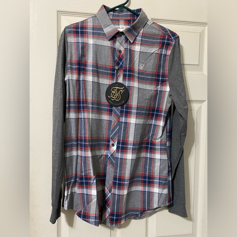 Brand New Siksilk Long Sleeve Standard Flannel Shirt SS-15250 Navy/Red sz M